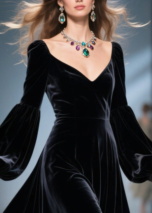 Vestidos de primavera con encaje, terciopelo y seda, con dobladillo grande, color negro francés