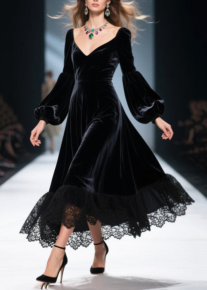 Vestidos de primavera con encaje, terciopelo y seda, con dobladillo grande, color negro francés