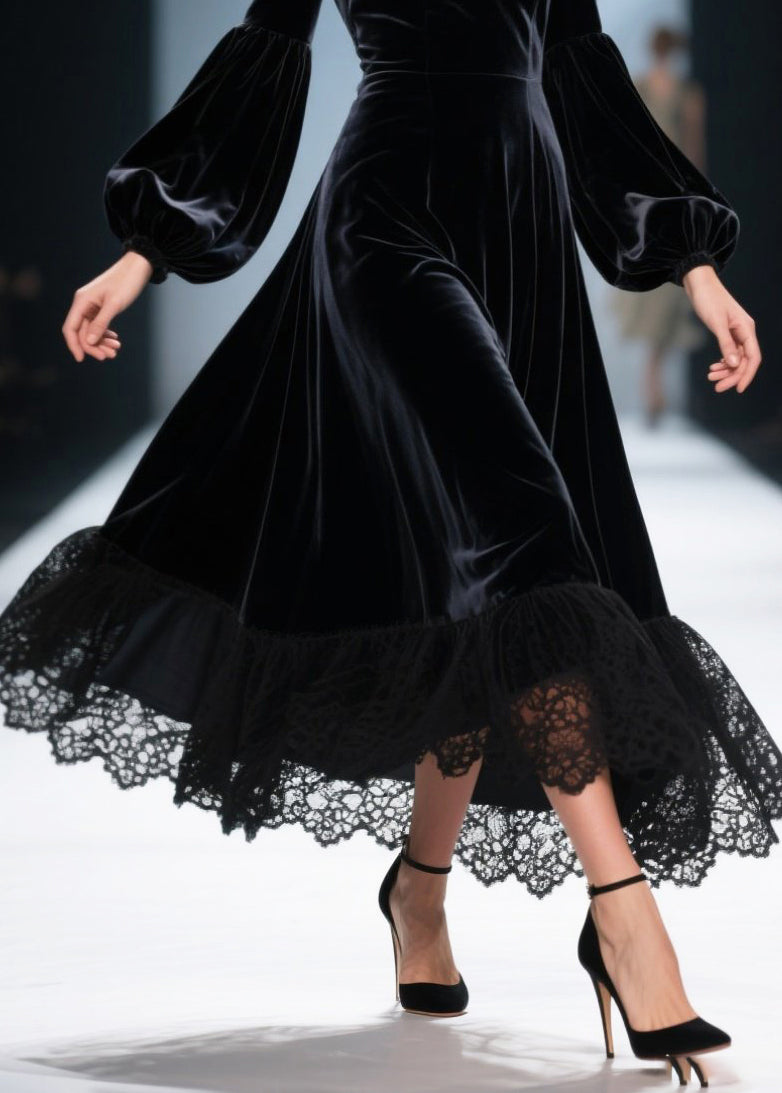 Vestidos de primavera con encaje, terciopelo y seda, con dobladillo grande, color negro francés