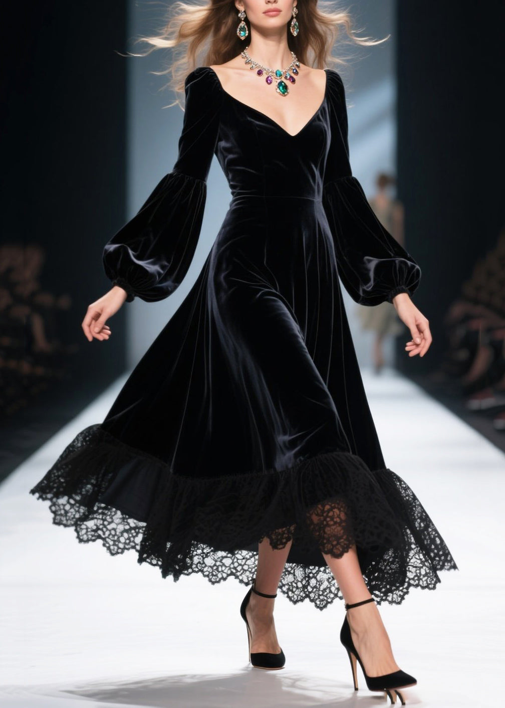 Vestidos de primavera con encaje, terciopelo y seda, con dobladillo grande, color negro francés