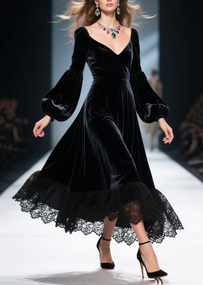 Vestidos de primavera con encaje, terciopelo y seda, con dobladillo grande, color negro francés