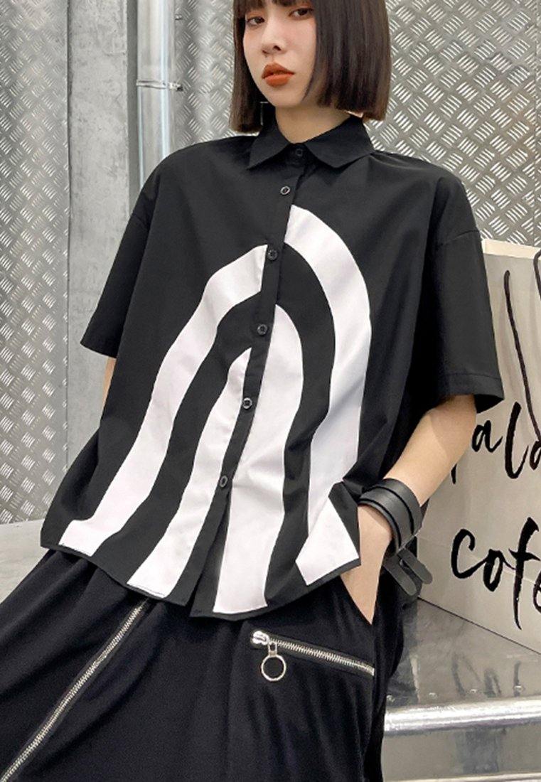 French Black Graphic Buttonlow high design Shirt Top - SooLinen