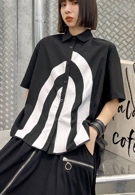 French Black Graphic Buttonlow high design Shirt Top - SooLinen