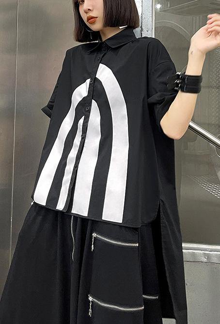 French Black Graphic Buttonlow high design Shirt Top - SooLinen