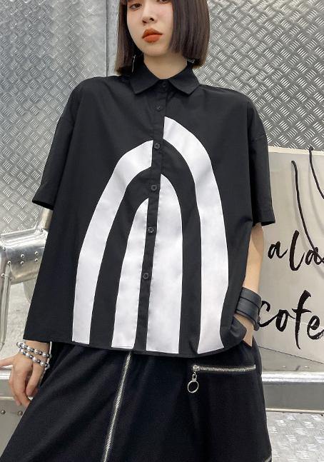 French Black Graphic Buttonlow high design Shirt Top - SooLinen