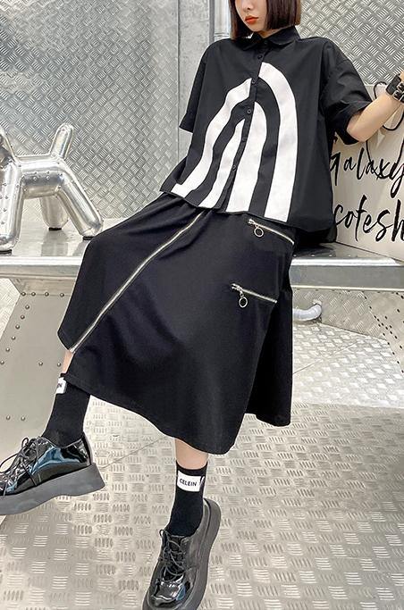 French Black Graphic Buttonlow high design Shirt Top - SooLinen