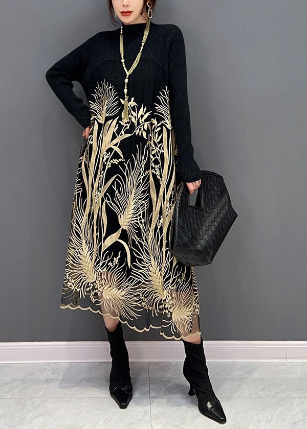 Französisch Schwarz High Neck Tüll Patchwork Print Strick Pullover Kleid Frühling