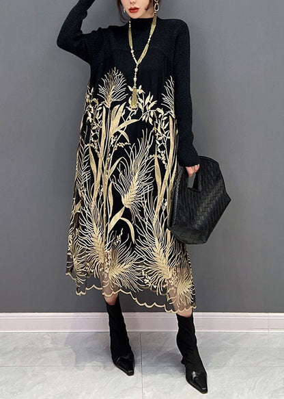 Französisch Schwarz High Neck Tüll Patchwork Print Strick Pullover Kleid Frühling