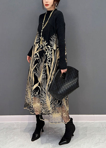 Französisch Schwarz High Neck Tüll Patchwork Print Strick Pullover Kleid Frühling