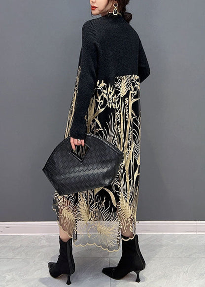 Französisch Schwarz High Neck Tüll Patchwork Print Strick Pullover Kleid Frühling