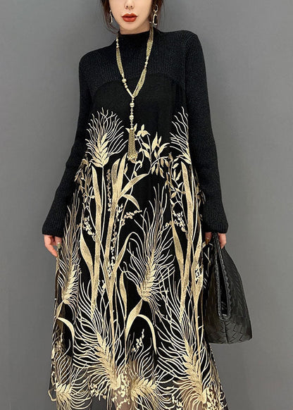 Französisch Schwarz High Neck Tüll Patchwork Print Strick Pullover Kleid Frühling