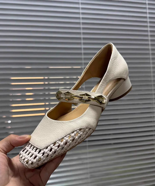 French Black Hollow Out Breathable Woven Square Toe Chunky Sandals