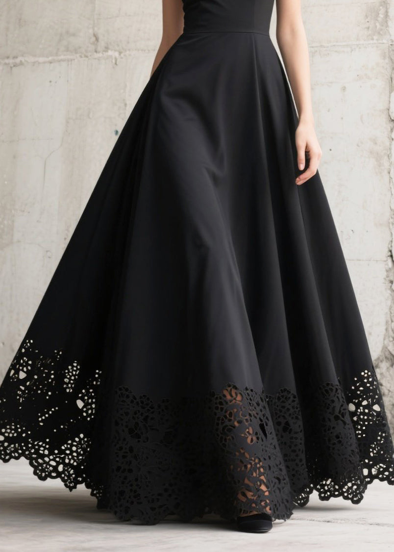 French Black Hollow Out Exra Large Hem Chiffon Long Dresses Summer