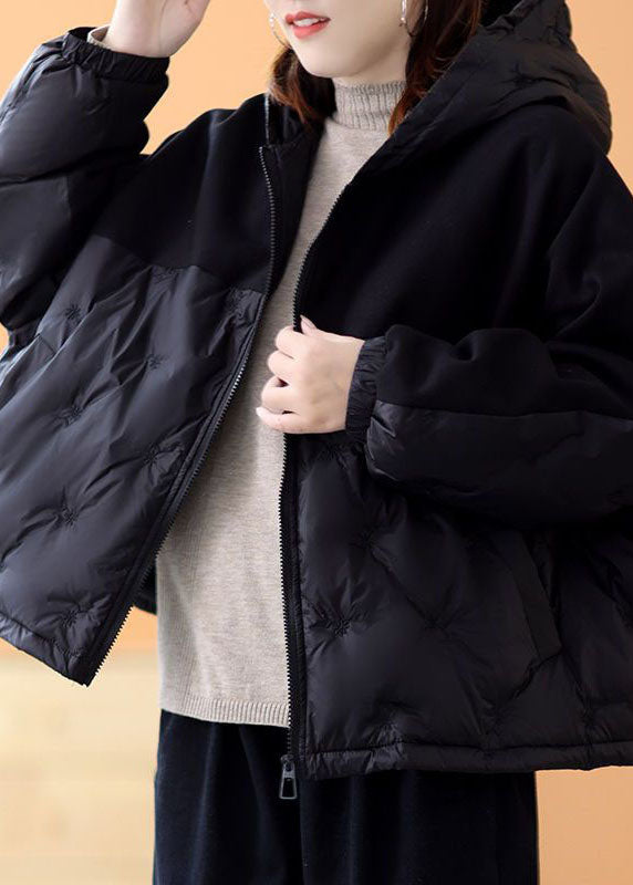 Französische schwarze Wintermäntel aus Entendaunen mit Kapuze und Patchwork-Stickerei