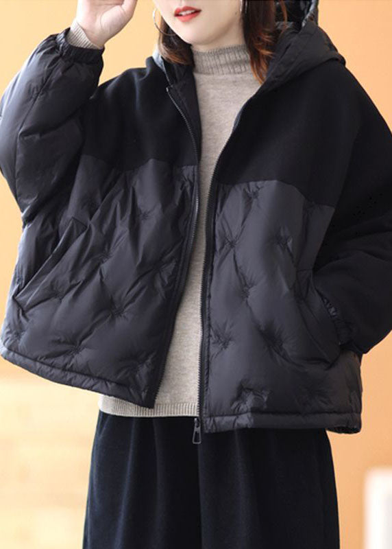 Französische schwarze Wintermäntel aus Entendaunen mit Kapuze und Patchwork-Stickerei