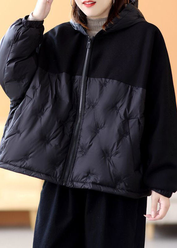 Französische schwarze Wintermäntel aus Entendaunen mit Kapuze und Patchwork-Stickerei