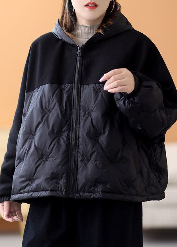 Französische schwarze Wintermäntel aus Entendaunen mit Kapuze und Patchwork-Stickerei