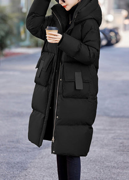 Abrigos de invierno de plumón de pato con bolsillos y capucha negros franceses