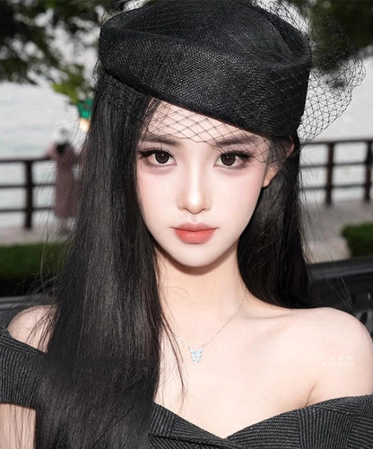 Sombrero cloche francés de malla negra con patchwork