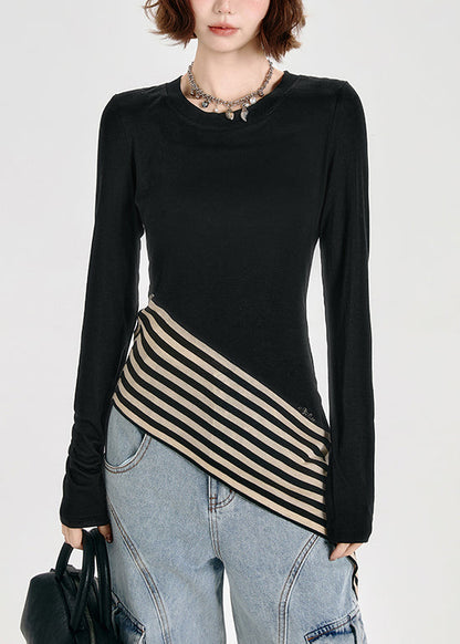 French Black O Neck Asymmetrical Patchwork Cotton T Shirt Tops Spring