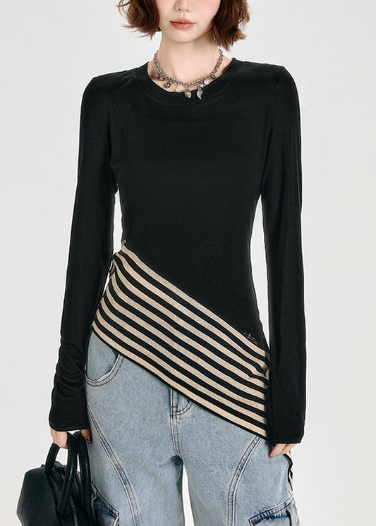 French Black O Neck Asymmetrical Patchwork Cotton T Shirt Tops Spring