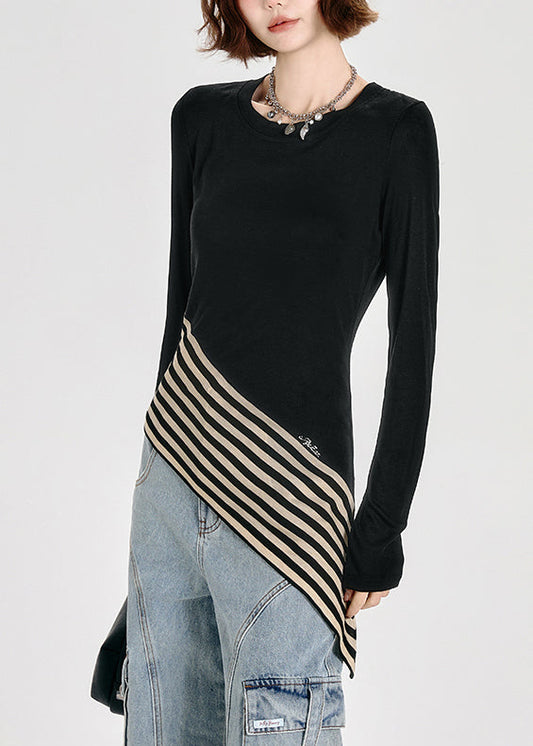 French Black O Neck Asymmetrical Patchwork Cotton T Shirt Tops Spring