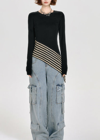 French Black O Neck Asymmetrical Patchwork Cotton T Shirt Tops Spring