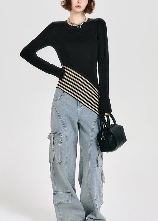 French Black O Neck Asymmetrical Patchwork Cotton T Shirt Tops Spring