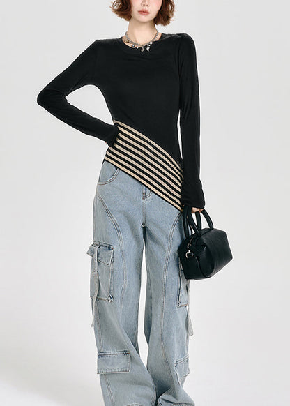 French Black O Neck Asymmetrical Patchwork Cotton T Shirt Tops Spring