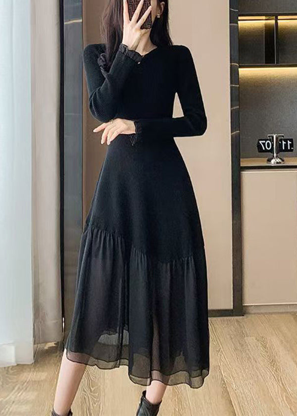 French Black O Neck Asymmetrical Patchwork Knit Long Sweater Winter