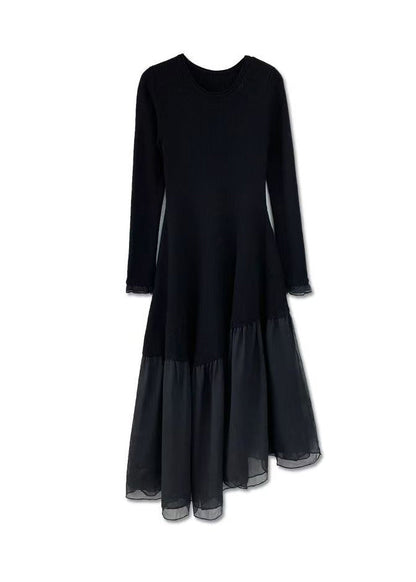 French Black O Neck Asymmetrical Patchwork Knit Long Sweater Winter