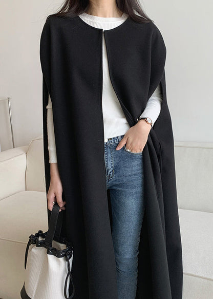 French Black O Neck Cozy Woolen Waistcoat Batwing Sleeve