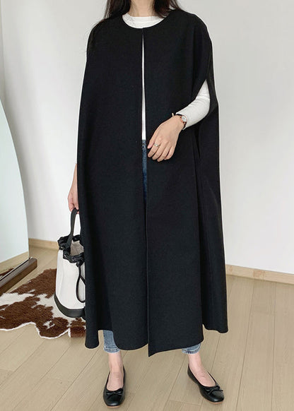 French Black O Neck Cozy Woolen Waistcoat Batwing Sleeve