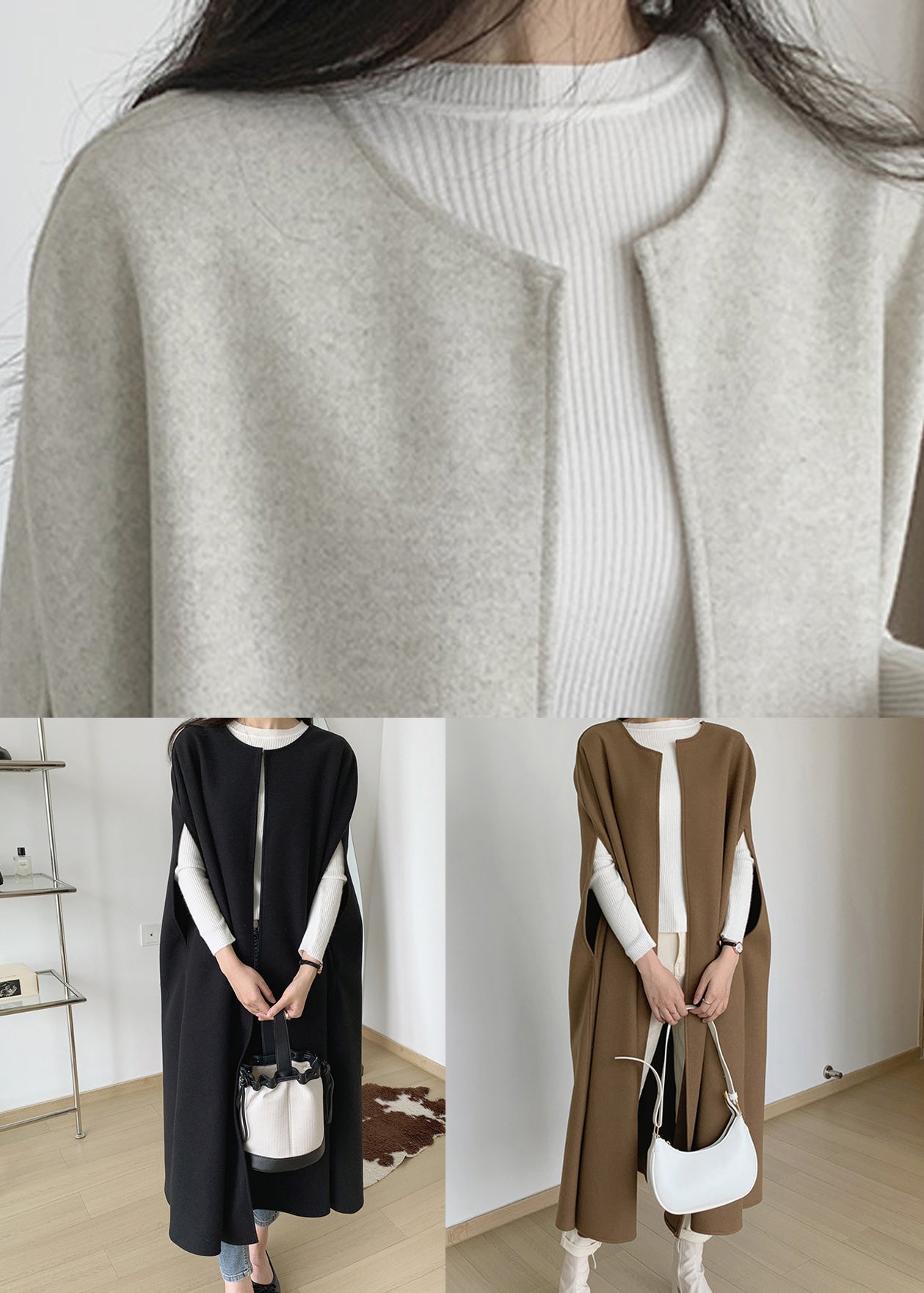 French Black O Neck Cozy Woolen Waistcoat Batwing Sleeve