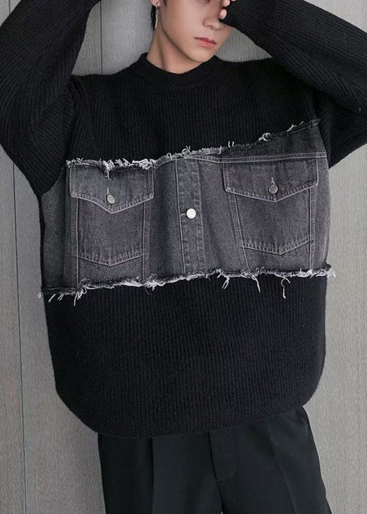 French Black O Neck Denim Patchwork Knit Men Sweater Fall