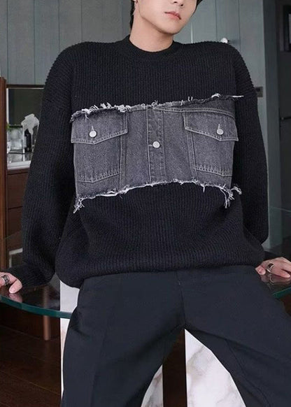 French Black O Neck Denim Patchwork Knit Men Sweater Fall