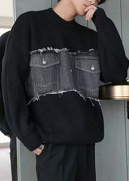 French Black O Neck Denim Patchwork Knit Men Sweater Fall