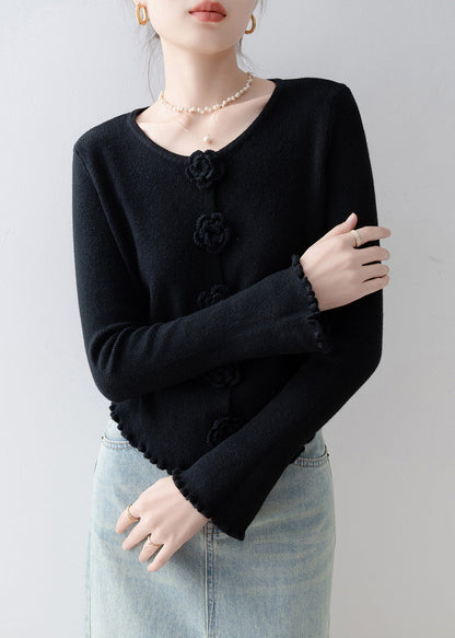 French Black O Neck Floral Ruffled Knitted Tops Spring