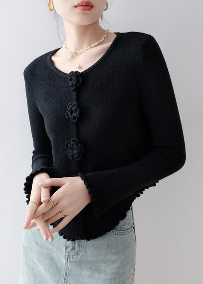 French Black O Neck Floral Ruffled Knitted Tops Spring