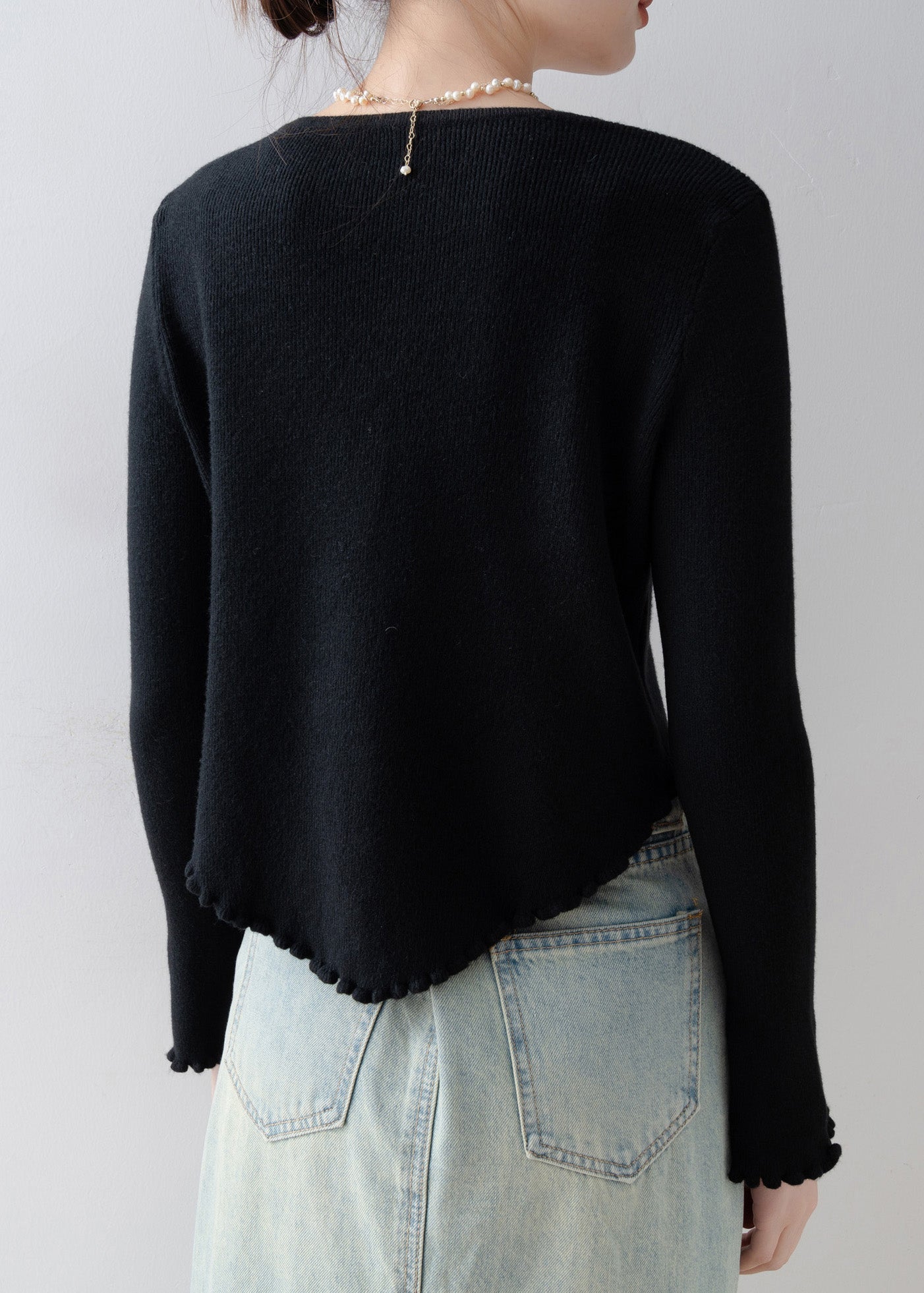 French Black O Neck Floral Ruffled Knitted Tops Spring