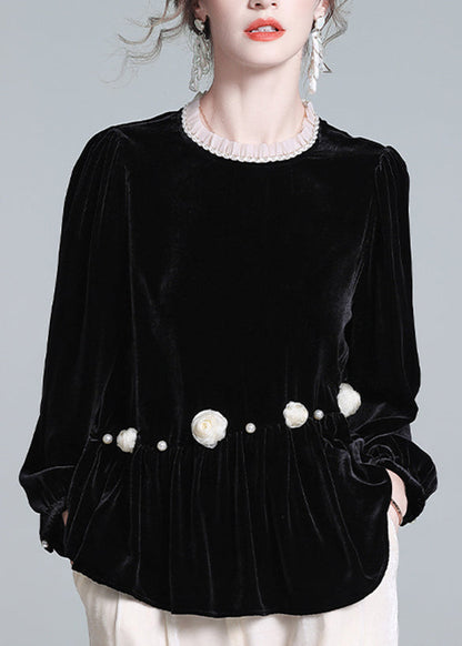 Top francés negro de terciopelo de seda arrugado con cuello redondo y mangas farol