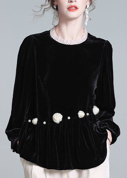 Top francés negro de terciopelo de seda arrugado con cuello redondo y mangas farol