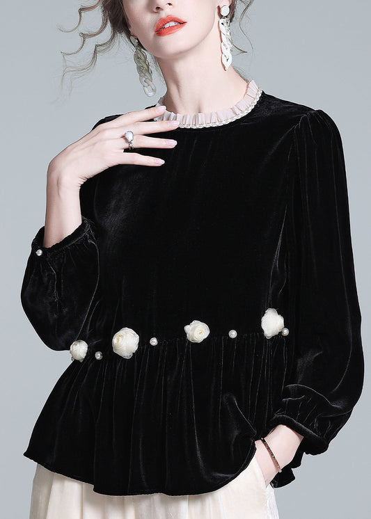 Top francés negro de terciopelo de seda arrugado con cuello redondo y mangas farol