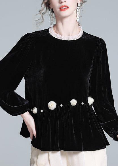 Top francés negro de terciopelo de seda arrugado con cuello redondo y mangas farol
