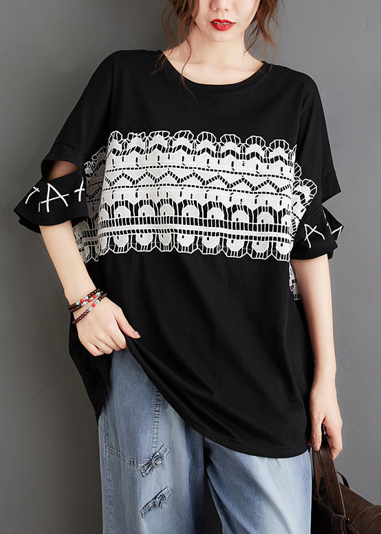 Französisches schwarzes O-Ausschnitt-Patchwork-Oberteil mit ausgehöhlter Spitze und kurzen Ärmeln