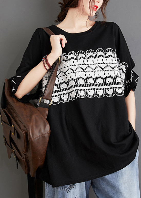 Französisches schwarzes O-Ausschnitt-Patchwork-Oberteil mit ausgehöhlter Spitze und kurzen Ärmeln