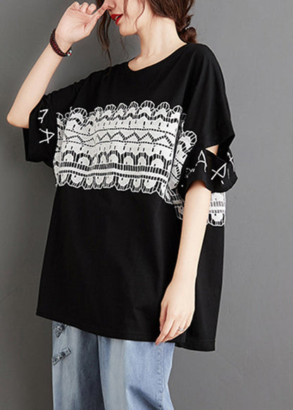 Französisches schwarzes O-Ausschnitt-Patchwork-Oberteil mit ausgehöhlter Spitze und kurzen Ärmeln