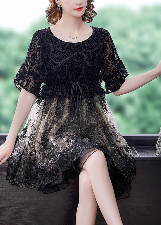 Französisches schwarzes O-Ausschnitt Patchwork Organza Cinch Kleid Sommer