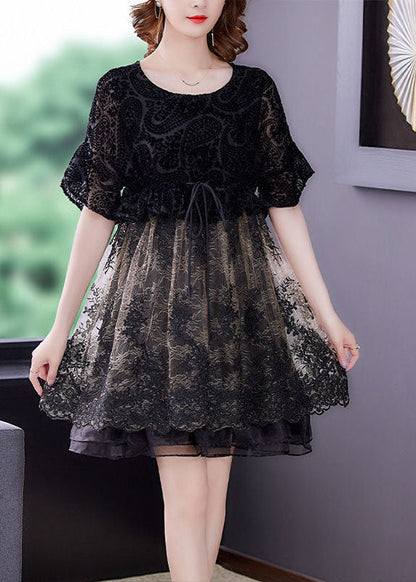 Französisches schwarzes O-Ausschnitt Patchwork Organza Cinch Kleid Sommer