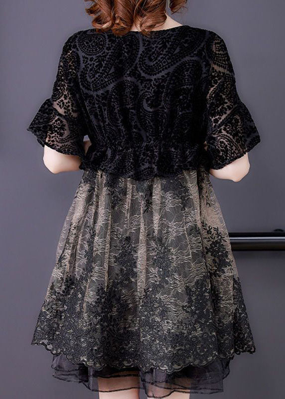 Französisches schwarzes O-Ausschnitt Patchwork Organza Cinch Kleid Sommer